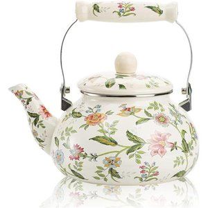 Enamel Teapot Floral  |  Large Porcelain Enameled Teakettle  |  Colorful